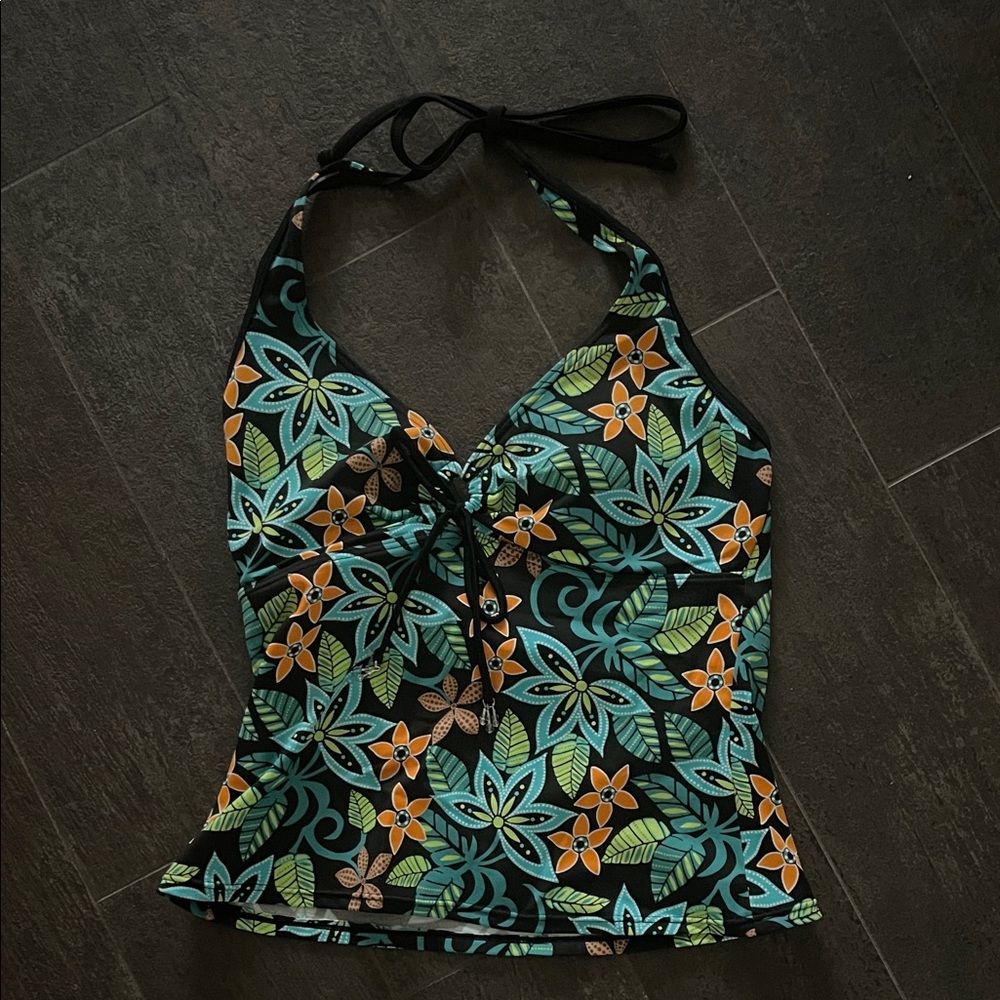 Floral Halter Neck Swim Top - Black and Orange